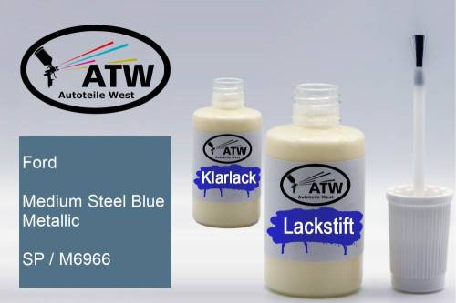 Ford, Medium Steel Blue Metallic, SP / M6966: 20ml Lackstift + 20ml Klarlack - Set, von ATW Autoteile West.